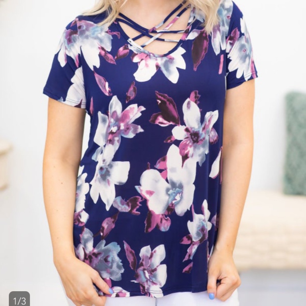 Heimish Filly Flair royal blue floral v-neck top